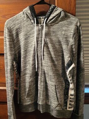 Victoria's Secret PINK Bling Gray Marled Hoodie with Black Glitter Trim
